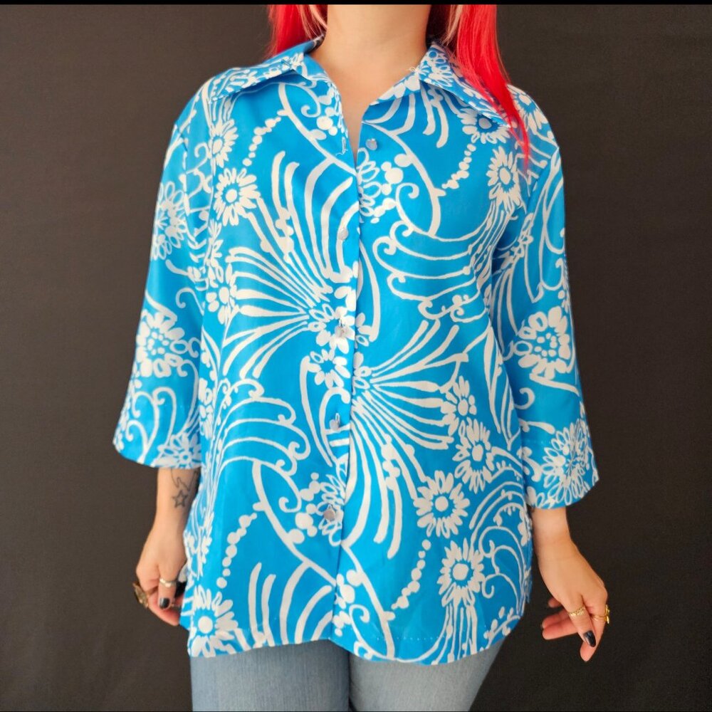 60s Primstyle Cerulean Floral Button Down Top